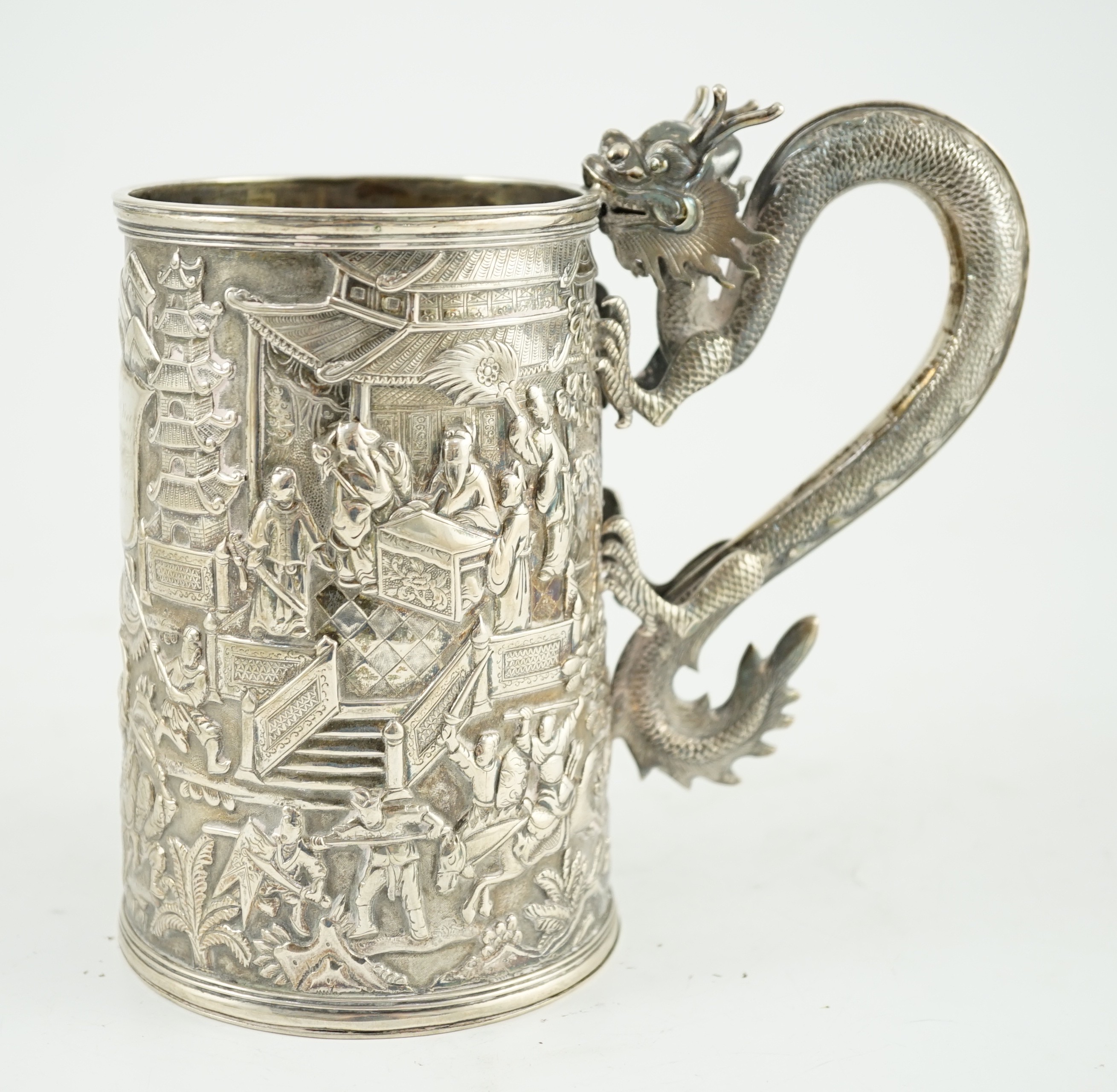 A late 19th century Chinese Export double skinned silver mug, by Leeching